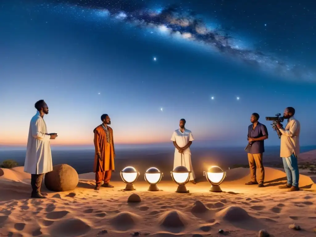 Un grupo de astrónomos africanos estudian el cielo nocturno con telescopios modernos, fusionando la astrología africana con la astronomía moderna