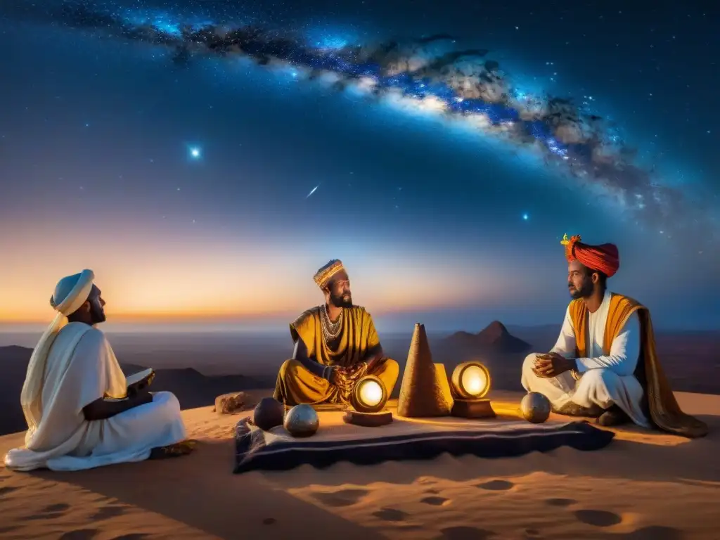 Un grupo de astrónomos antiguos del Cuerno de África observando el cielo estrellado con instrumentos astronómicos, reflejando su sabiduría y cultura