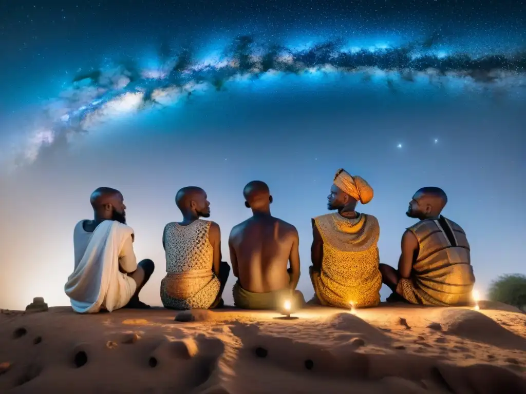 Grupo de Dogon en Mali, con atuendos tradicionales, señalando el cielo estrellado al explicar sus Conocimientos astronómicos antiguos africanos