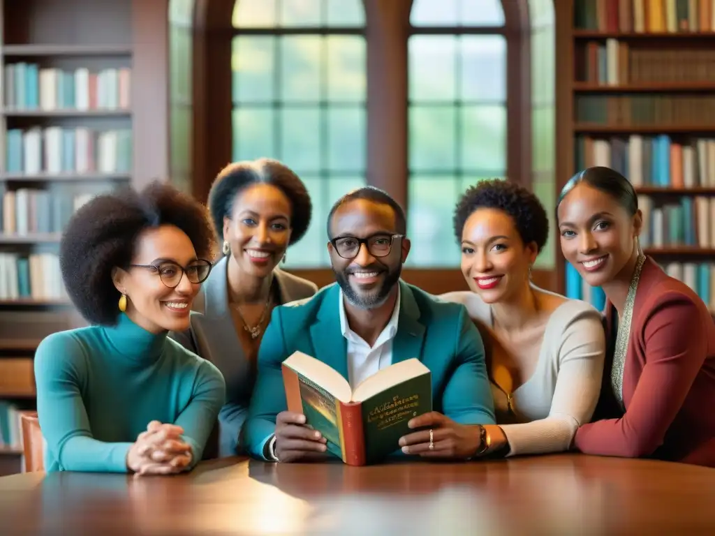 Un grupo de autores de ascendencia africana en una animada discusión en una acogedora biblioteca llena de libros de todo el mundo