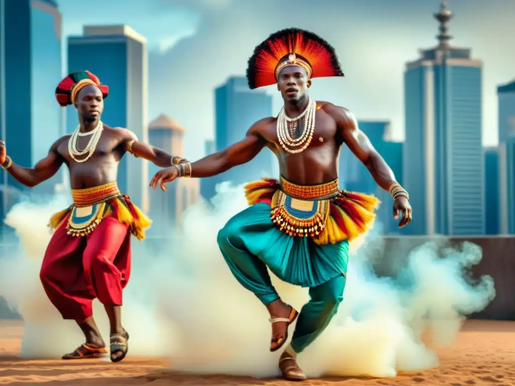 Grupo de bailarines africanos en atuendos tradicionales, danzas en entorno urbano con rascacielos