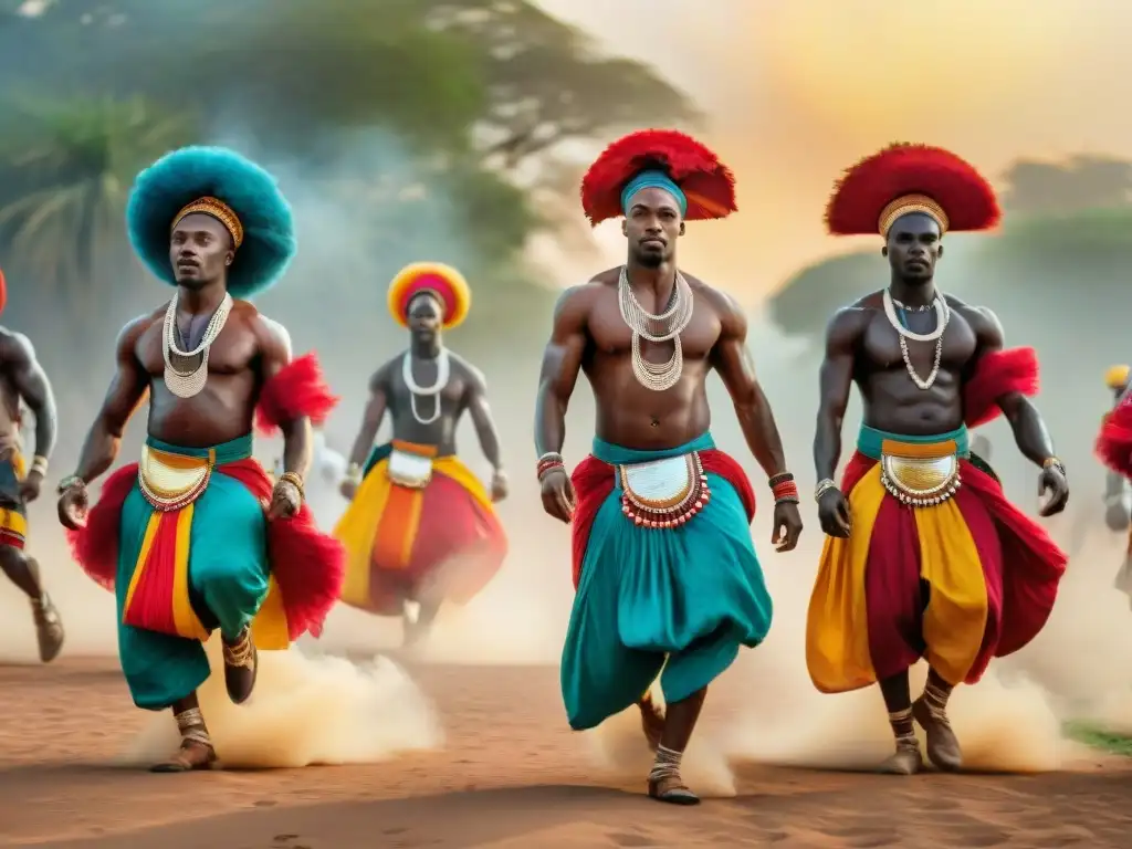 Grupo de bailarines africanos en atuendos tradicionales, moviéndose al ritmo de tambores tribales bajo el cielo abierto