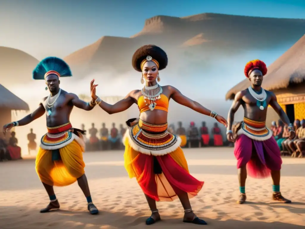 Un grupo de bailarines africanos en atuendos tradicionales, deslumbrantes colores y movimientos dinámicos