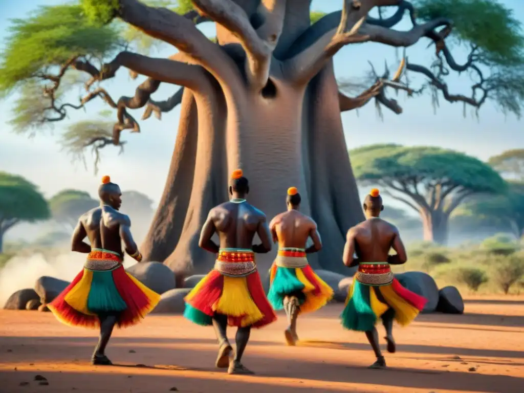 Grupo de bailarines africanos danzando bajo un Baobab, capturando la historia de la danza en África con influencia global