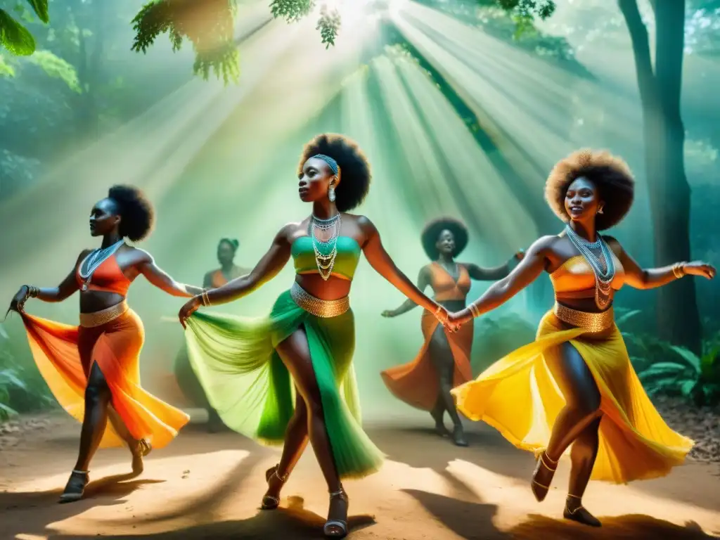 Un grupo de bailarines africanos en un claro del bosque, capturando el poder espiritual de la música y la danza en África