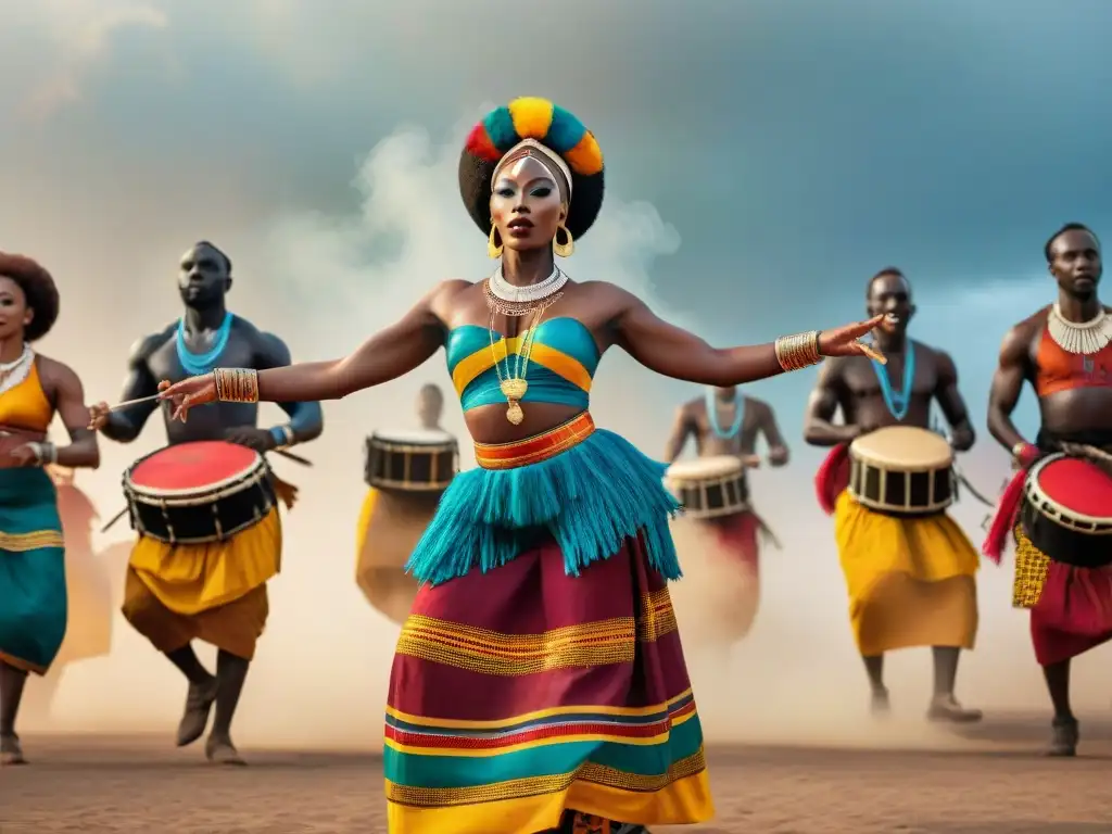 Grupo de bailarines africanos en coloridos trajes tradicionales danzando al ritmo de tambores bajo el cielo abierto