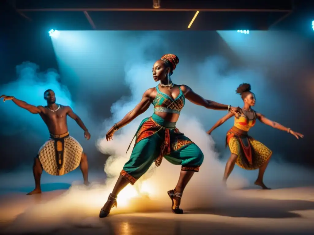 Grupo de bailarines africanos contemporáneos en estudio, con patrones africanos, expresando pasión y determinación