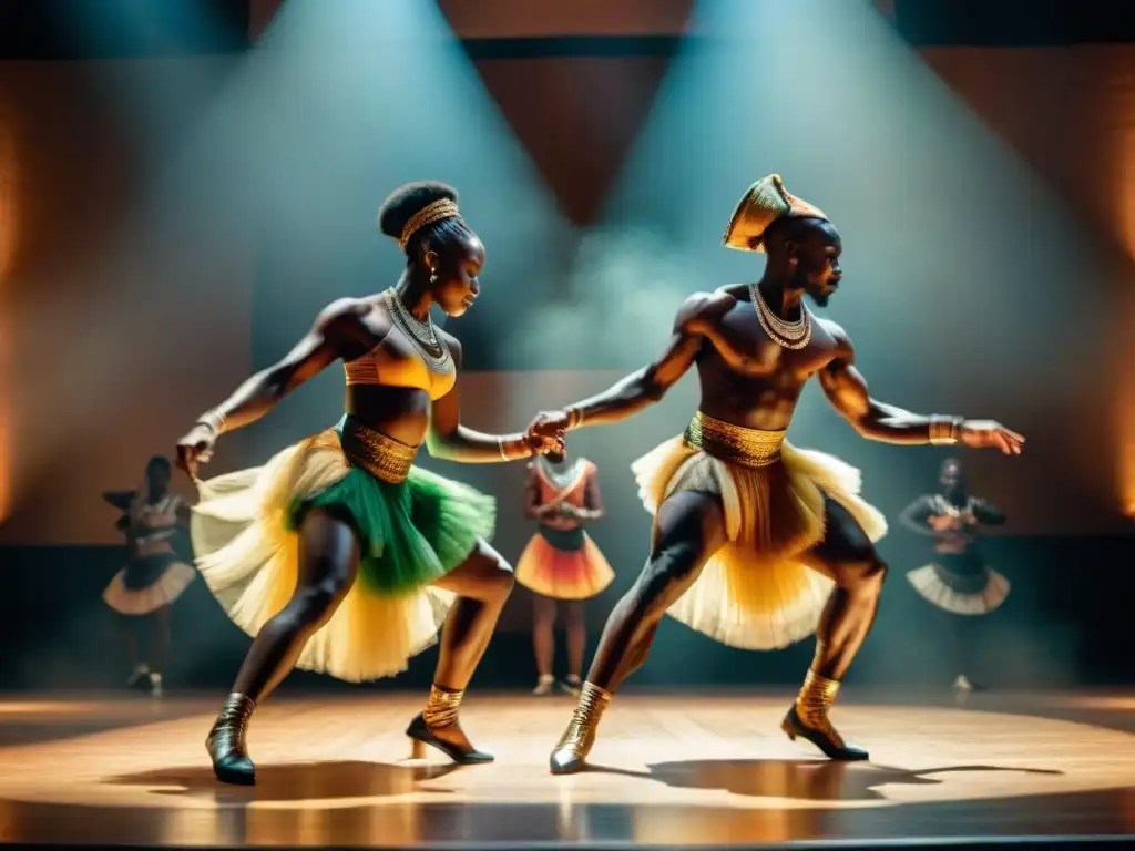 Grupo de bailarines africanos contemporáneos en movimiento, iluminados por un foco, con expresiones de determinación y fluidez