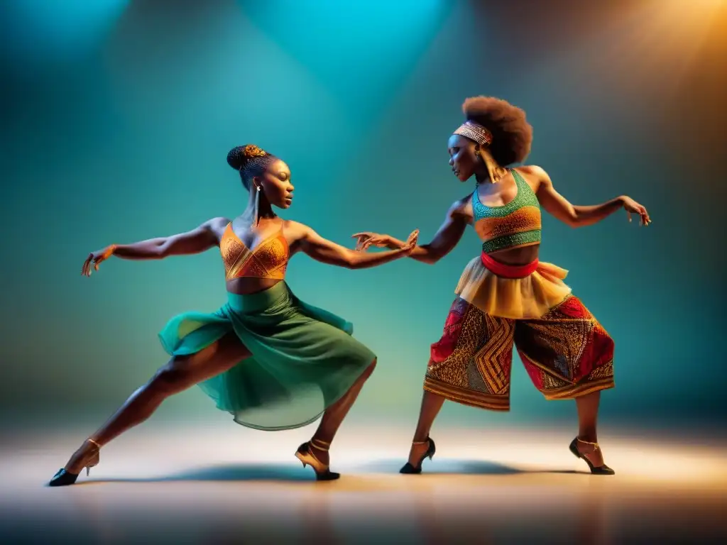 Un grupo de bailarines africanos contemporáneos en movimiento, fusionando danzas tradicionales y modernas, expresando identidad y resistencia