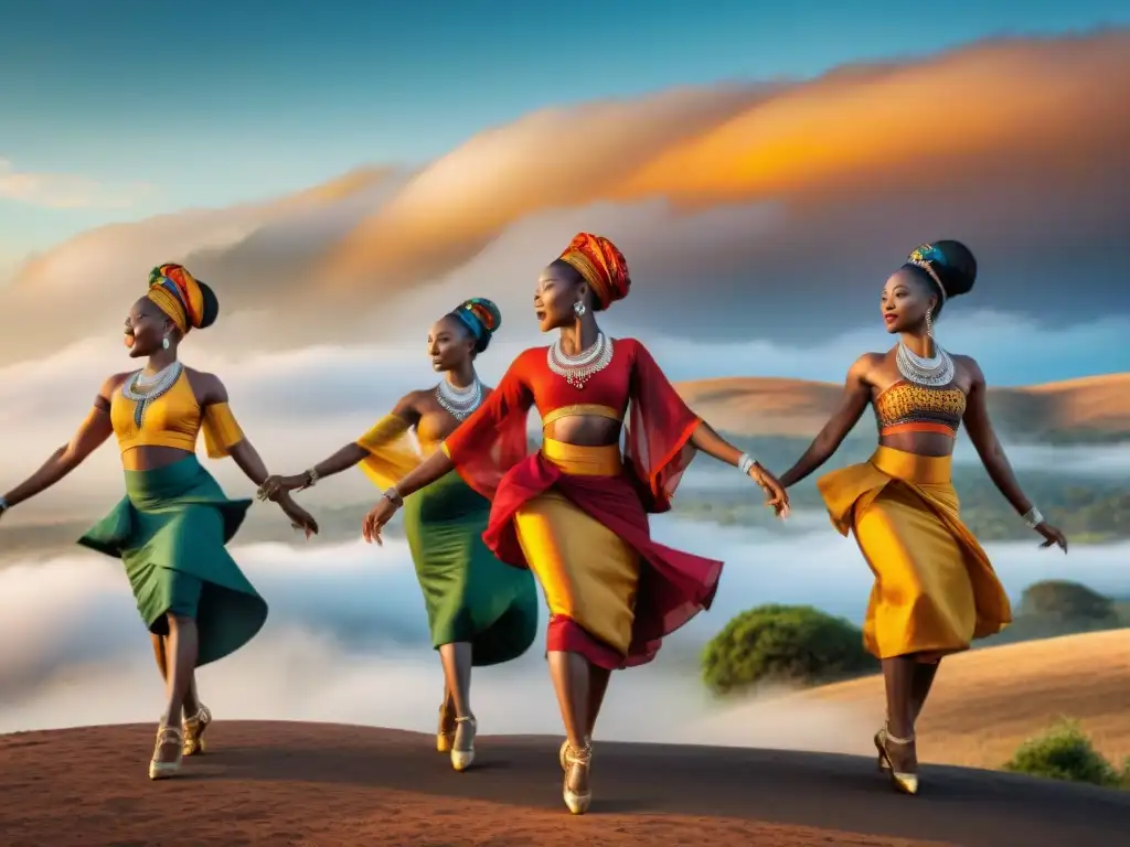 Grupo de bailarines africanos contemporáneos en movimiento sincronizado bajo el cielo abierto, vistiendo trajes tradicionales vibrantes