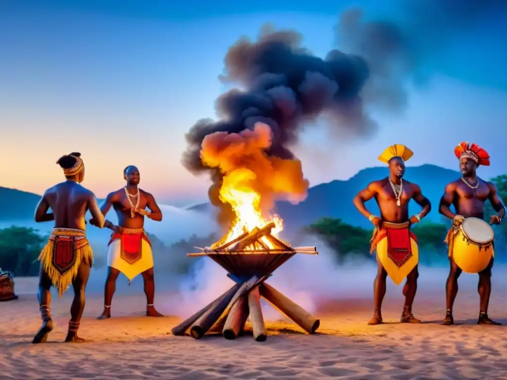 Grupo de bailarines africanos en danzas ceremoniales significado cultural alrededor de una fogata bajo cielo estrellado