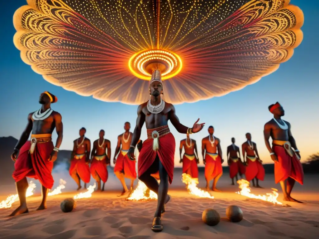 Un grupo de bailarines africanos en un festival espiritual, unión entre la vida y la muerte bajo el cielo estrellado