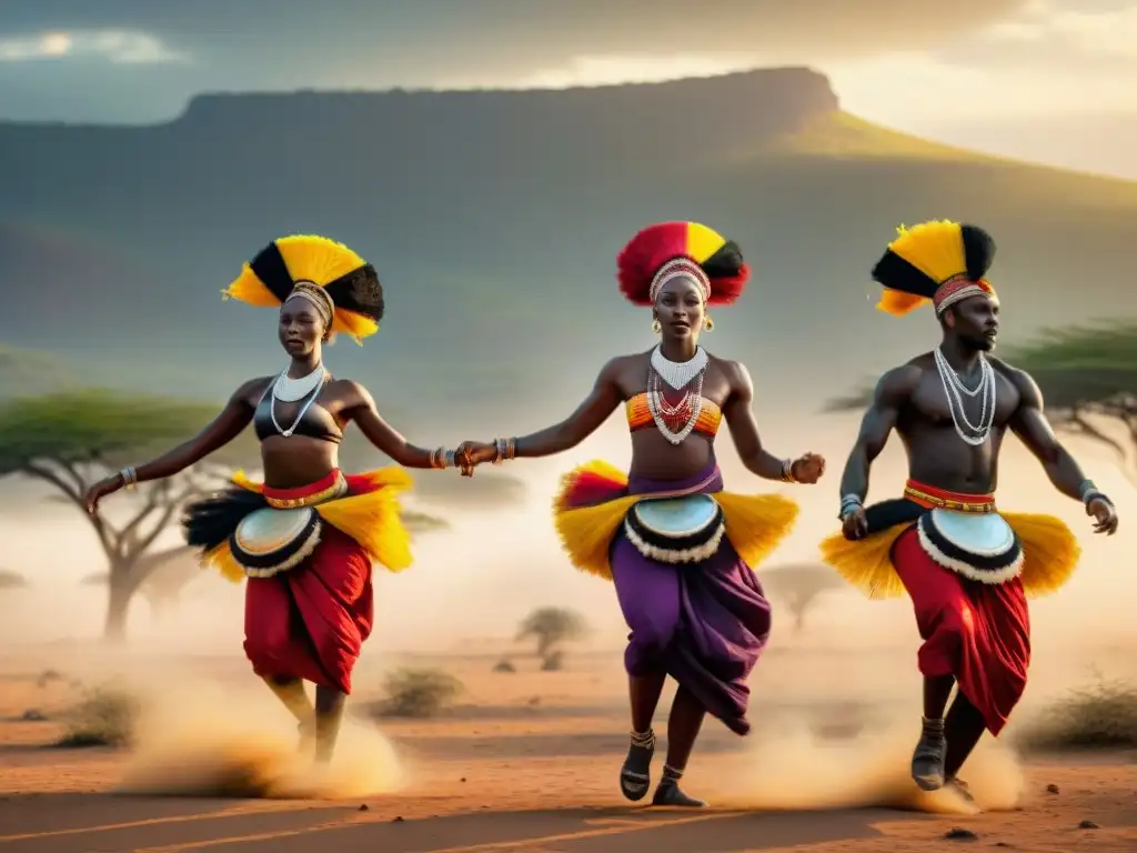 Un grupo de bailarines africanos enérgicos y llenos de tradición danzan al sol en la sabana