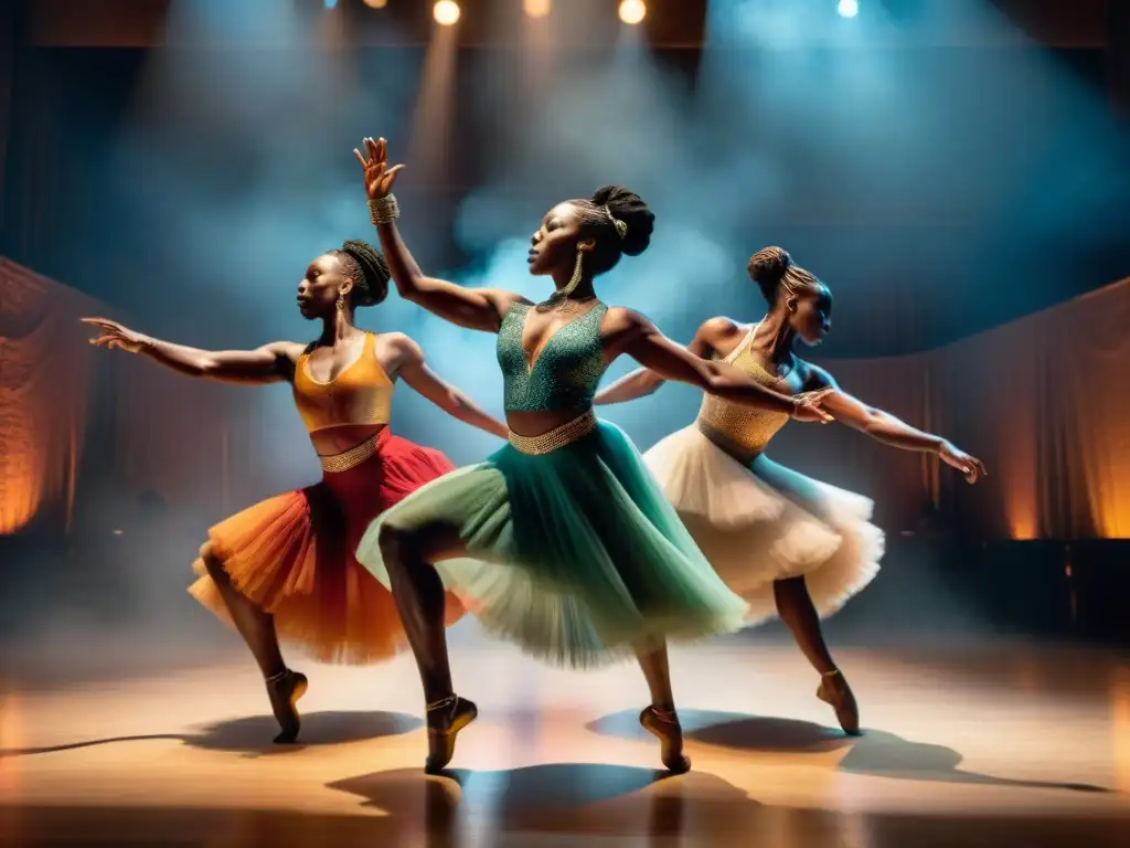 Grupo de bailarines africanos en movimiento expresivo, fusionando danza tradicional con un toque moderno en un escenario iluminado