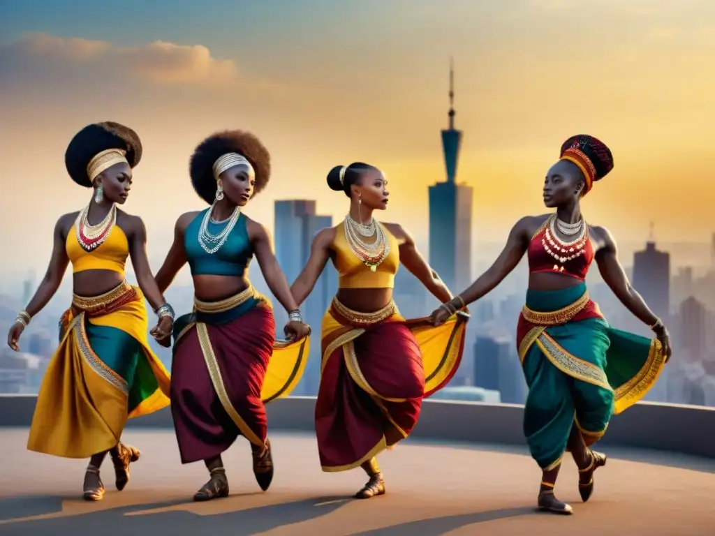 Un grupo de bailarines africanos en movimiento, expresando libertad y resistencia al atardecer