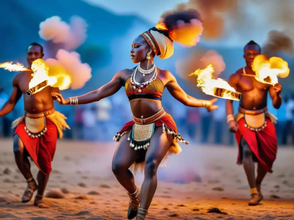 Grupo de bailarines africanos en movimiento alrededor de una fogata, resaltando la importancia de la danza en las civilizaciones africanas