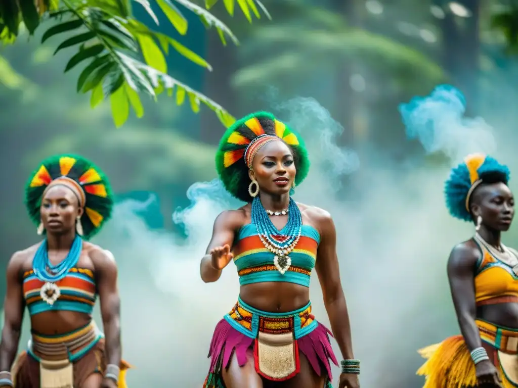 Grupo de bailarines africanos ejecutando una rutina vibrante bajo el cielo abierto, rodeados de vegetación exuberante y decoraciones tribales coloridas