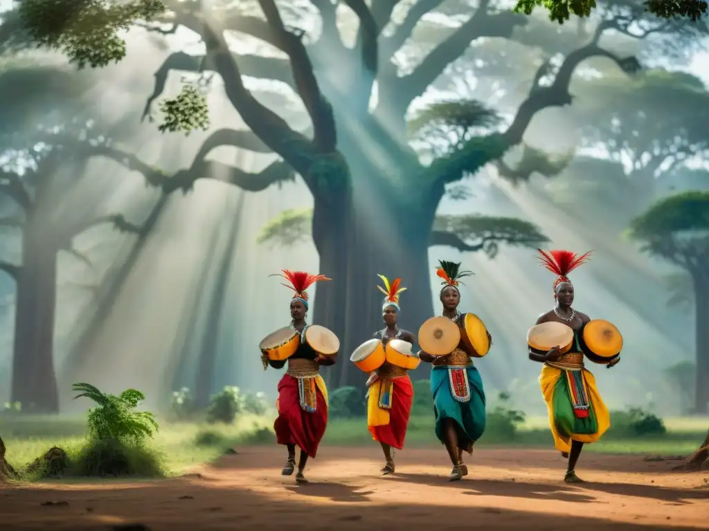 Grupo de bailarines africanos en trajes tradicionales danzando bajo baobabs, mostrando identidad a través de música y danza