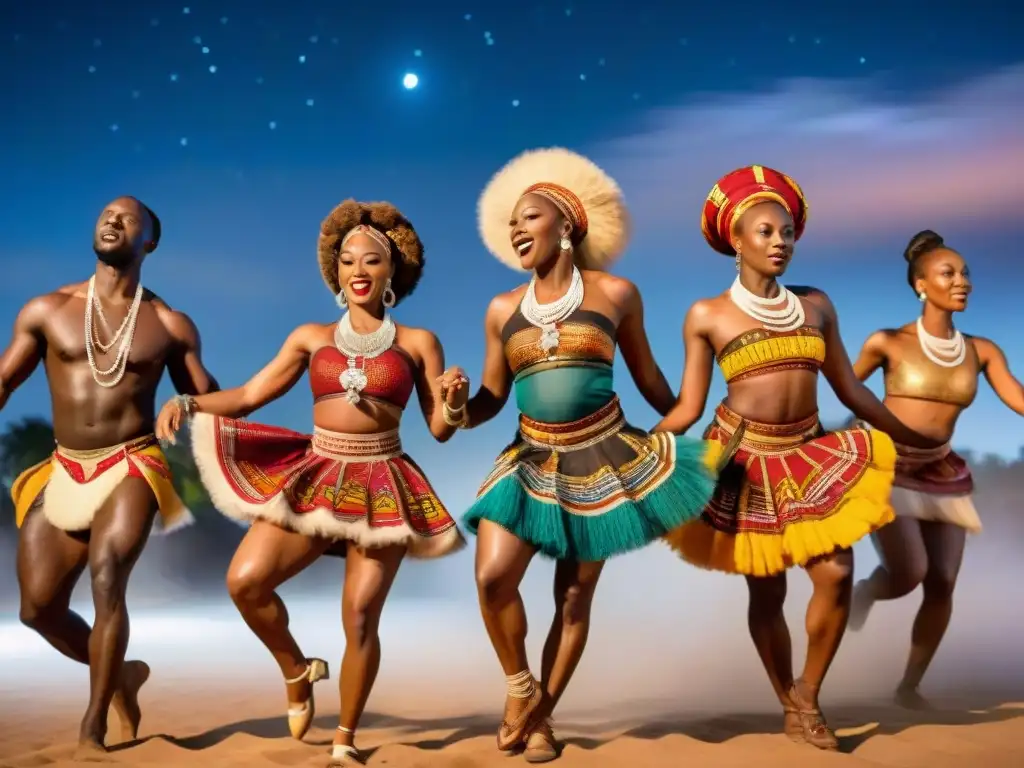 Un grupo de bailarines africanos en trajes tradicionales, deslumbrando con su energía y pasión bajo un cielo estrellado