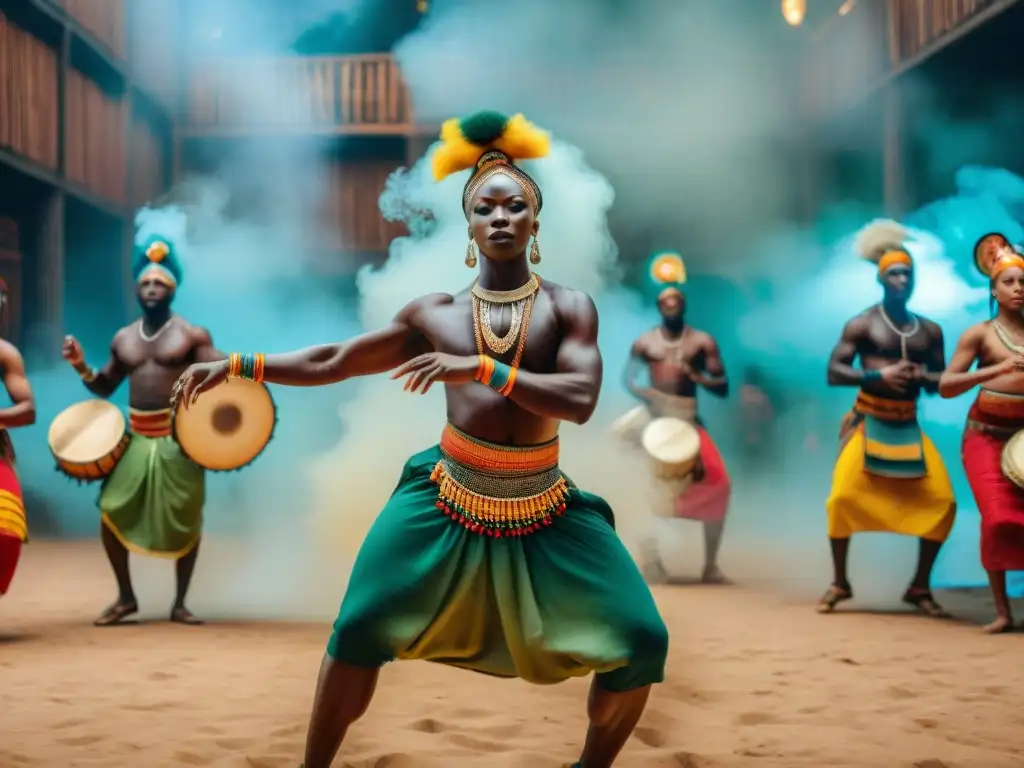 Grupo de bailarines africanos en trajes tradicionales, mostrando la diversidad y la historia de la danza africana con influencia global