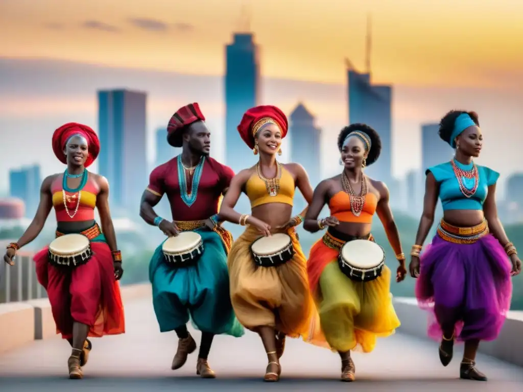 Grupo de bailarines africanos en trajes vibrantes, danzando al atardecer con la historia de la danza de África influyendo globalmente