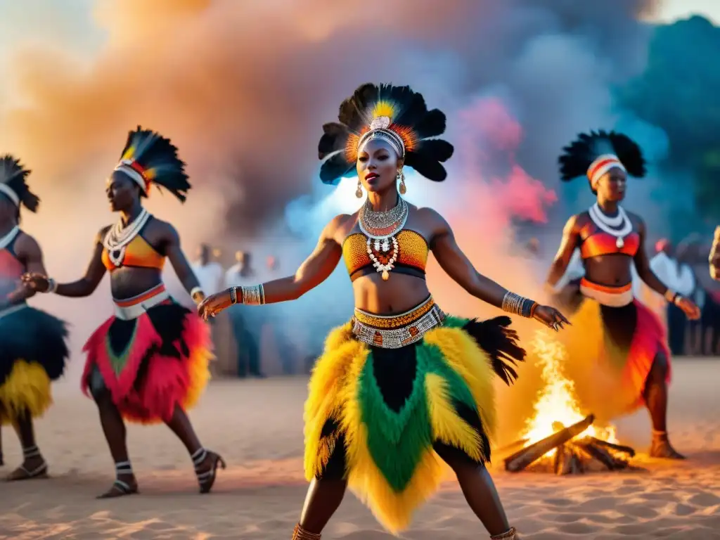 Grupo de bailarines africanos en trajes tradicionales, danza sagrada alrededor de fogata bajo cielo estrellado