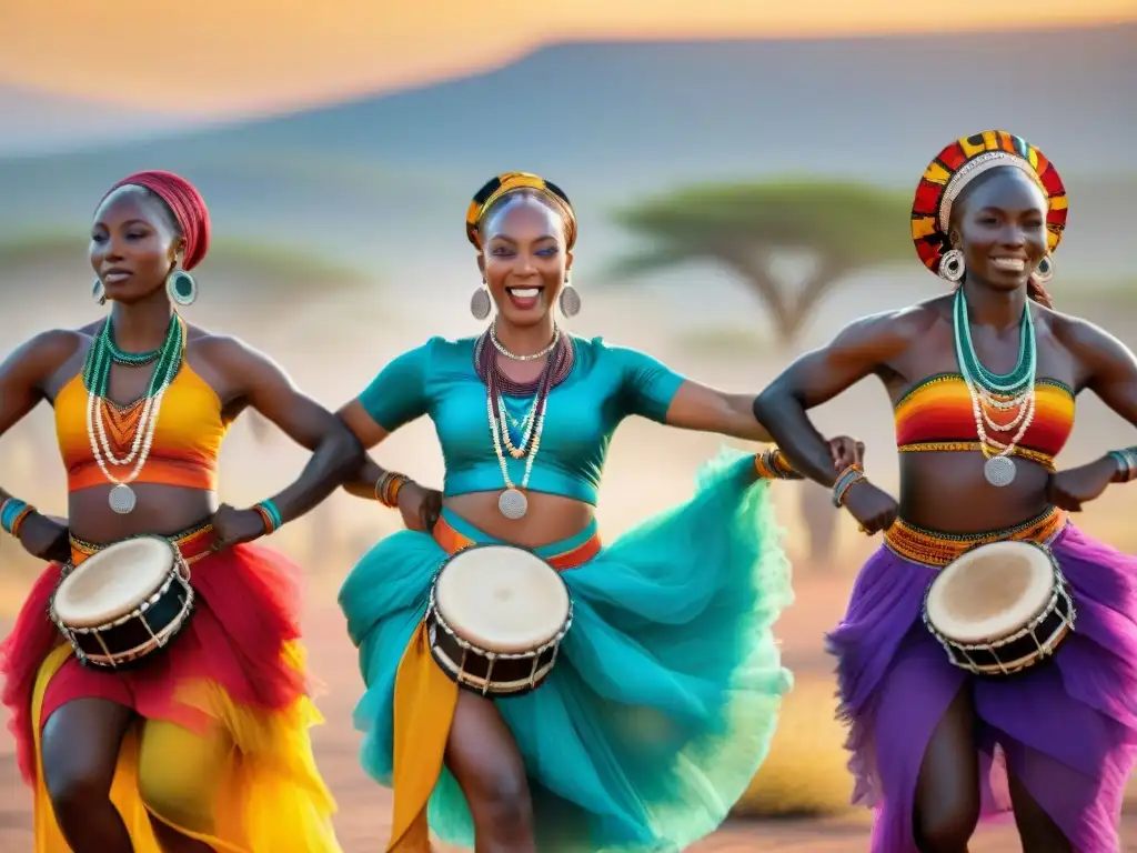 Grupo de bailarines africanos en trajes vibrantes danzando al ritmo de tambores bajo el sol africano