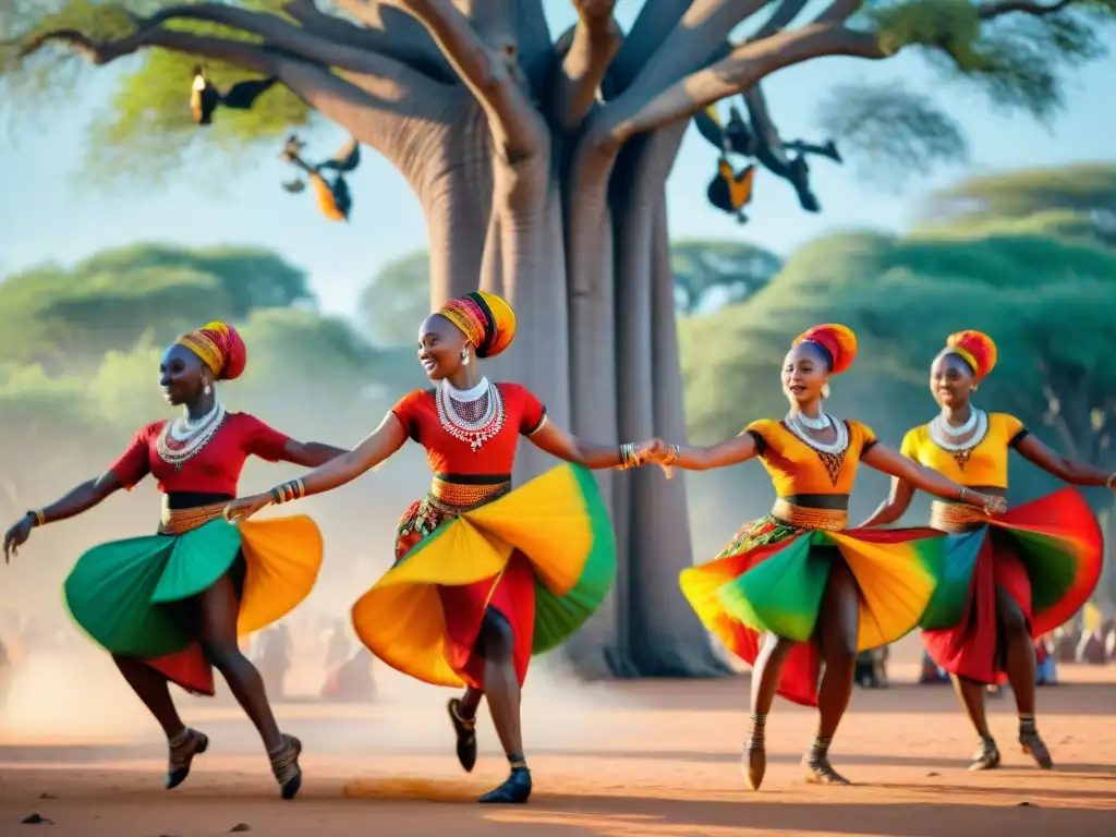 Un grupo de bailarines africanos en trajes tradicionales danzan con gracia y orgullo bajo un baobab