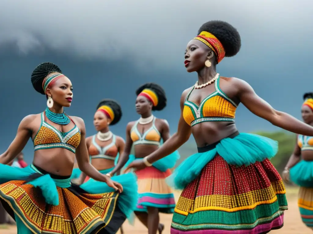 Grupo de bailarines africanos en trajes tradicionales, expresando simbolismo cultural con sus movimientos dinámicos y coloridos