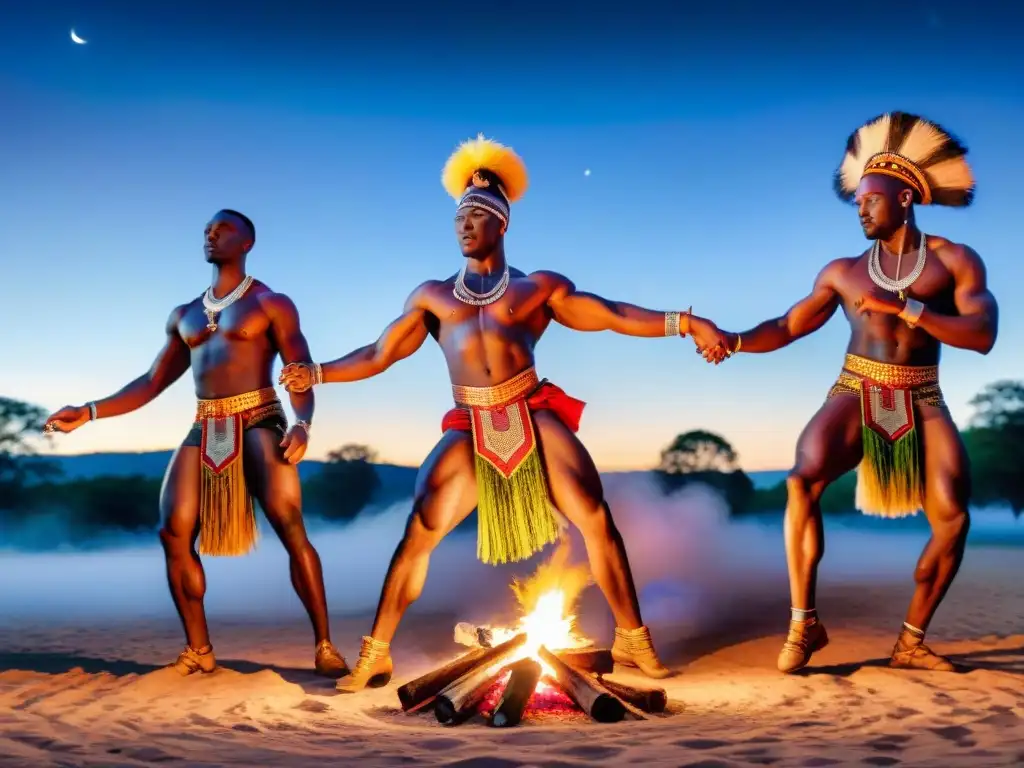 Grupo de bailarines africanos en trajes tradicionales realizando danzas ceremoniales alrededor de una hoguera bajo el cielo estrellado