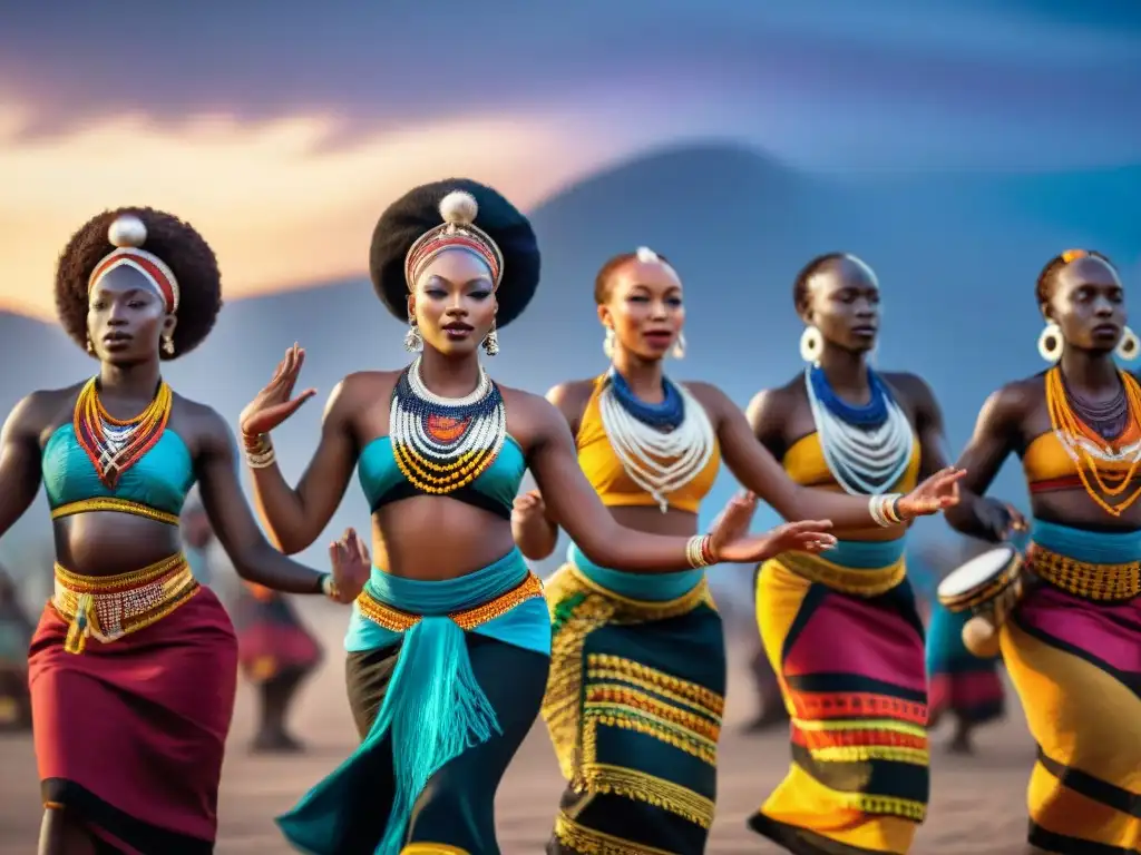 Grupo de bailarines africanos en trajes tradicionales danzando bajo un cielo estrellado, destacando el poder espiritual música danza África