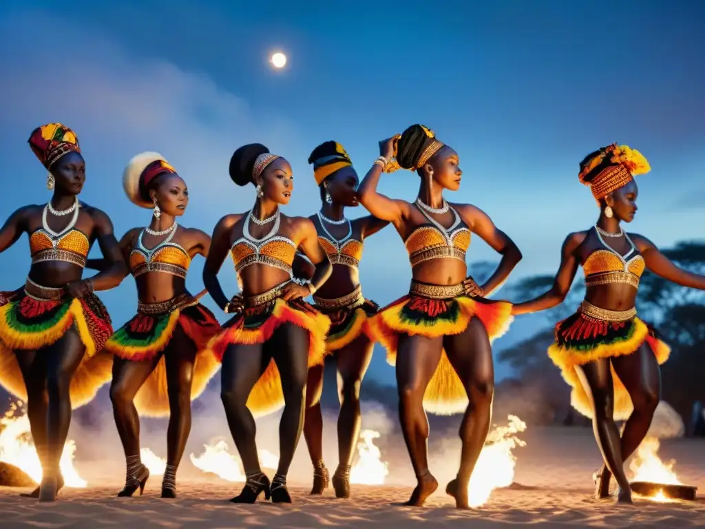 Grupo de bailarines africanos en trajes tradicionales, danzando bajo un cielo estrellado con fuego y árboles en silueta