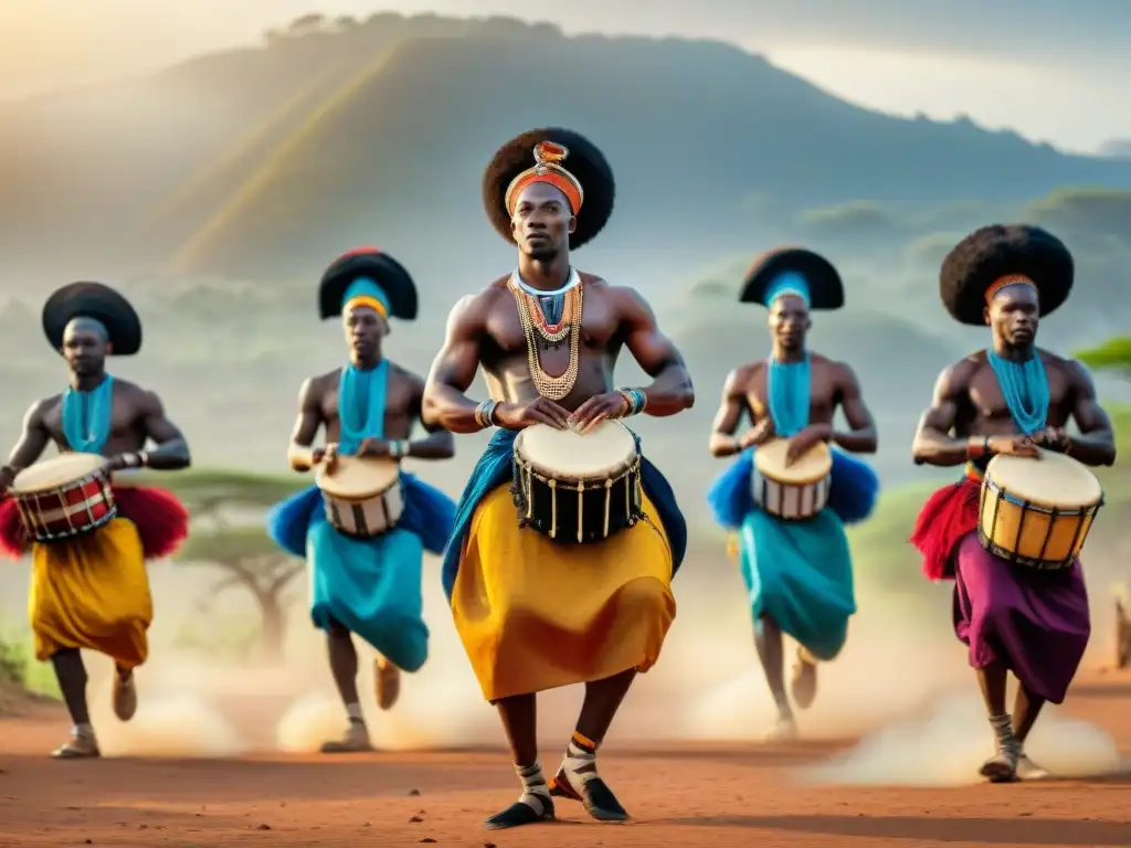 Grupo de bailarines africanos en trajes tradicionales vibrantes, danzando bajo el cielo abierto en una aldea rural