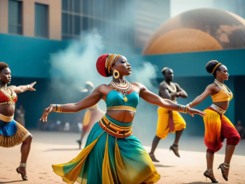 Grupo de bailarines africanos en trajes tradicionales, danzando bajo el sol en la ciudad