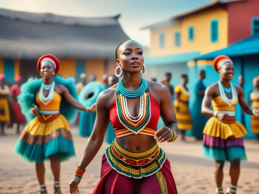 Grupo de bailarines africanos en trajes tradicionales, movimientos fluidos y coloridos