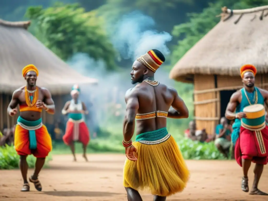 Grupo de bailarines africanos en vibrante danza tradicional en aldea rural, importancia danza civilizaciones africanas