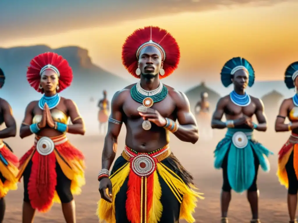 Grupo de bailarines africanos en vibrante actuación, mostrando la importancia de la danza en civilizaciones africanas