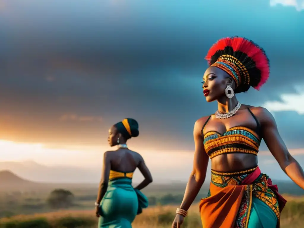 Grupo de bailarines africanos en vibrante atuendo tradicional, danza narrativa bajo el cielo abierto en paisaje africano