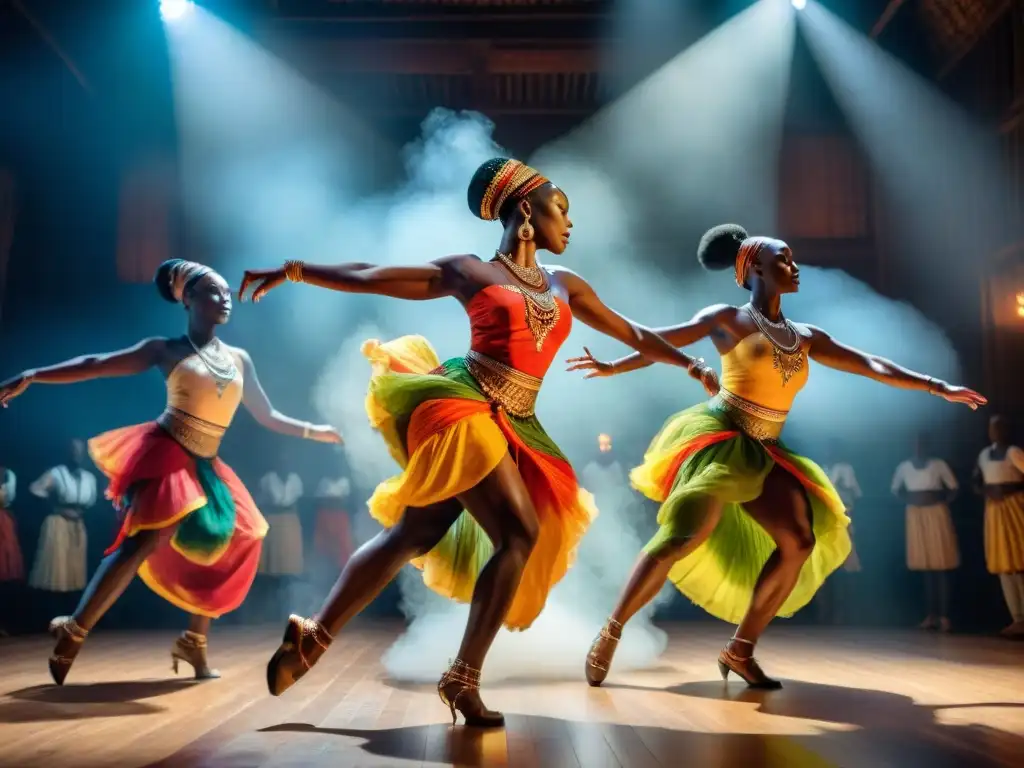 Un grupo de bailarines africanos en vibrante vestimenta tradicional, expresando libertad y pasión en su danza africana diáspora