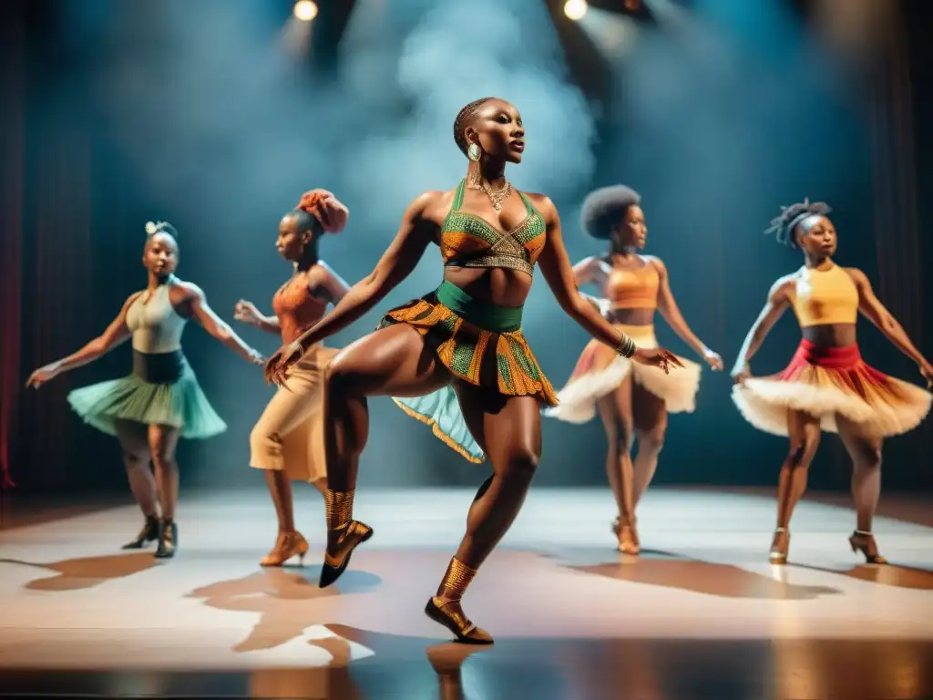 Grupo de bailarines africanos en vibrante danza contemporánea, cautivando a una audiencia diversa