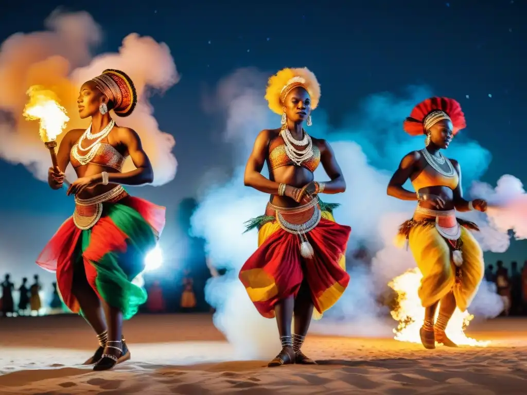 Grupo de bailarines africanos en vibrante atuendo tradicional, danzando bajo cielo estrellado con antorchas