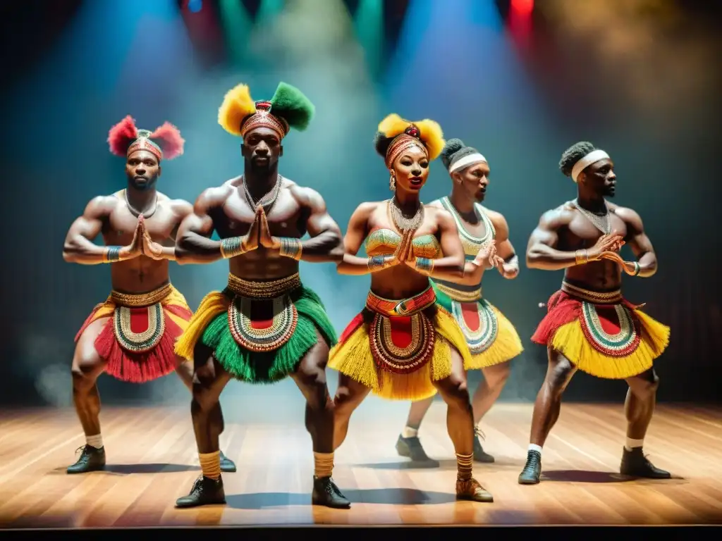 Grupo de bailarines africanos en vibrante escenario, fusionando arte escénico africano e influencias globales