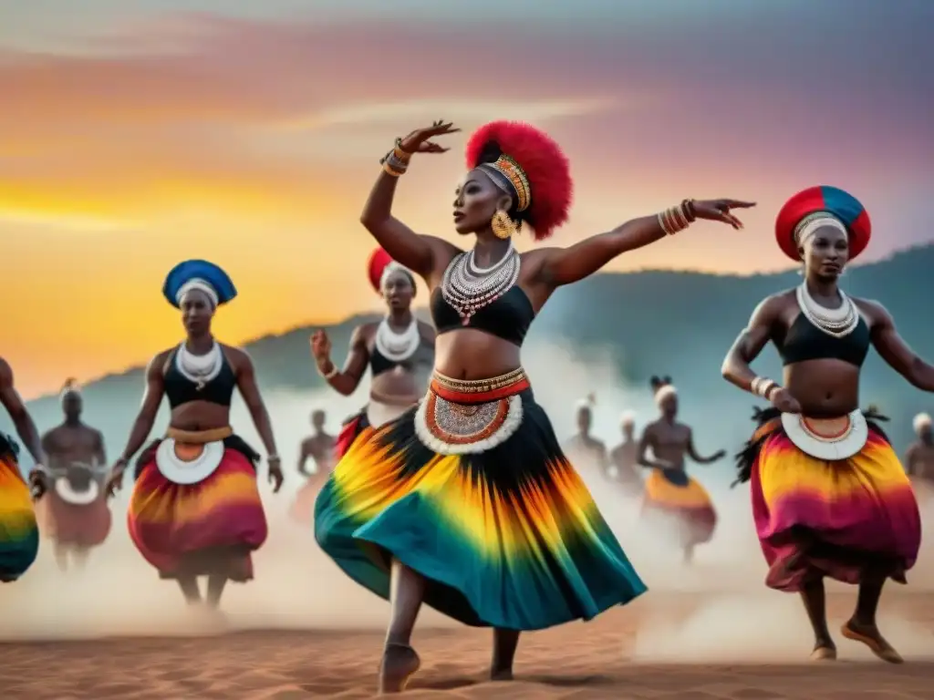 Grupo de bailarines africanos en vibrante danza tribal al atardecer