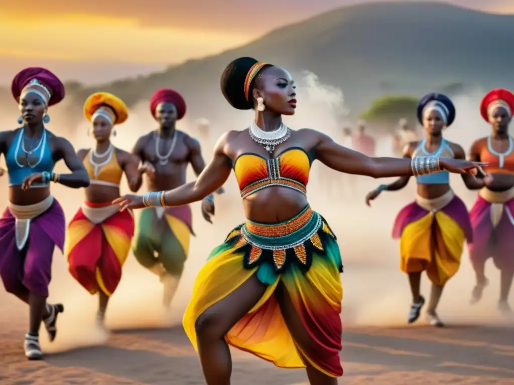 Grupo de bailarines africanos en vibrante danza, cautivando a diversa audiencia bajo cielo dorado