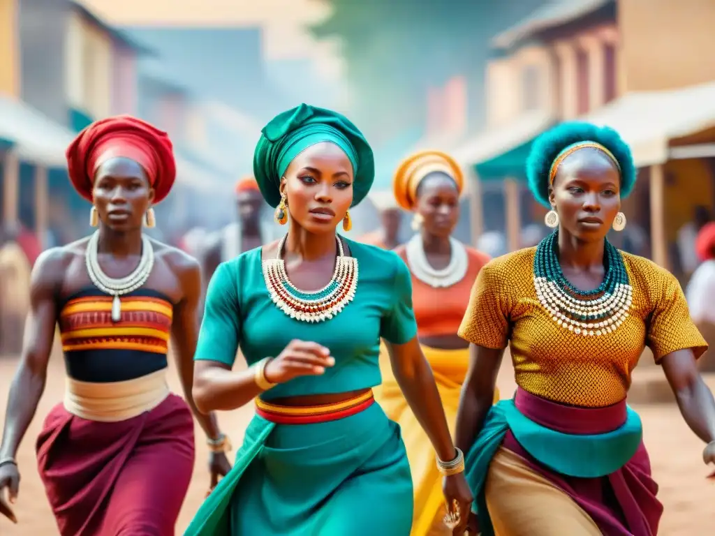 Un grupo de bailarines africanos en vibrantes trajes tradicionales, danza narrativa en un bullicioso mercado africano