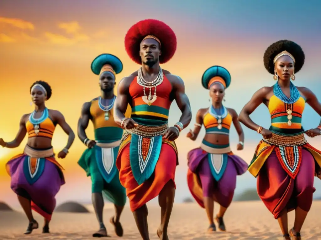 Un grupo de bailarines africanos en vibrantes atuendos tradicionales, realizando una danza ceremonial con movimientos dinámicos y detallados