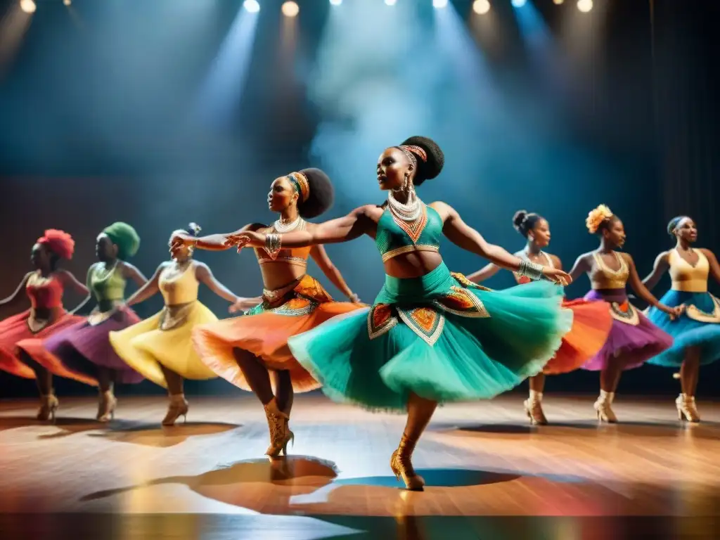 Grupo de bailarines afroamericanos realizando una danza tradicional, capturando la energía y la influencia de la diáspora africana