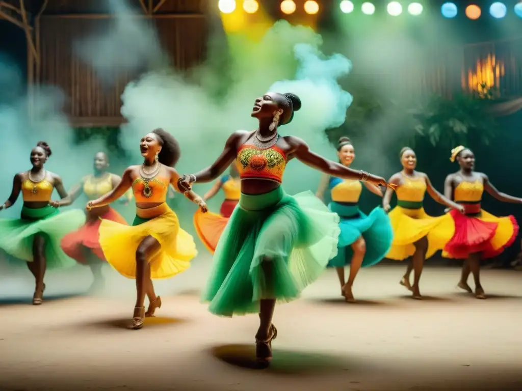 Grupo de bailarines angoleños en trajes tradicionales danzando al ritmo de la kizomba bajo el sol radiante