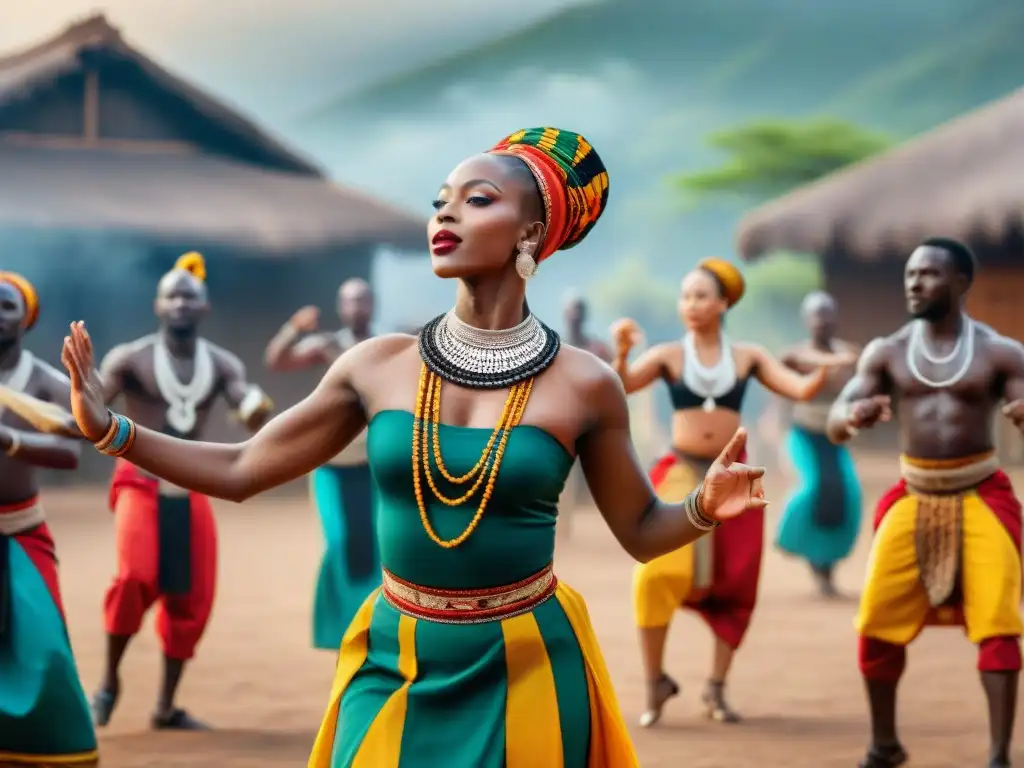 Grupo de bailarines apasionados en atuendos africanos, rescatando danzas olvidadas con energía y alegría