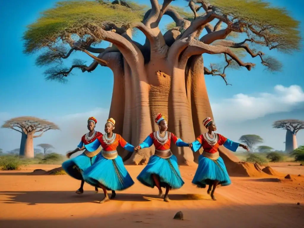 Un grupo de bailarines apasionados en trajes africanos tradicionales bailando al ritmo de tambores bajo un baobab gigante